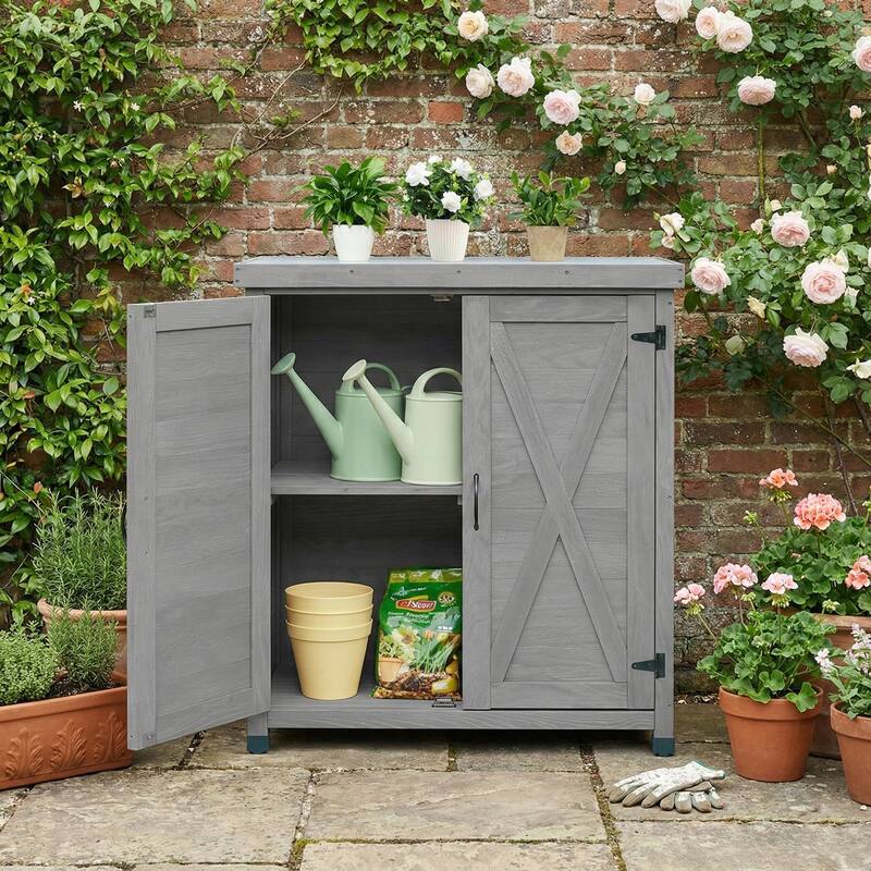 Outdoor Potting Bench with Storage Cabinet, Metal Top & Workstation - Grey