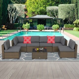 Washable Seat Cushions Cover,with YKK Zippers MAXXPRIME 7 Pieces Outdoor Sectional Patio Furniture Set PE Rattan Wicker Sofa Chair Set with Nylon Waterproof Cover Grey Wicker+ Beige Cushion 