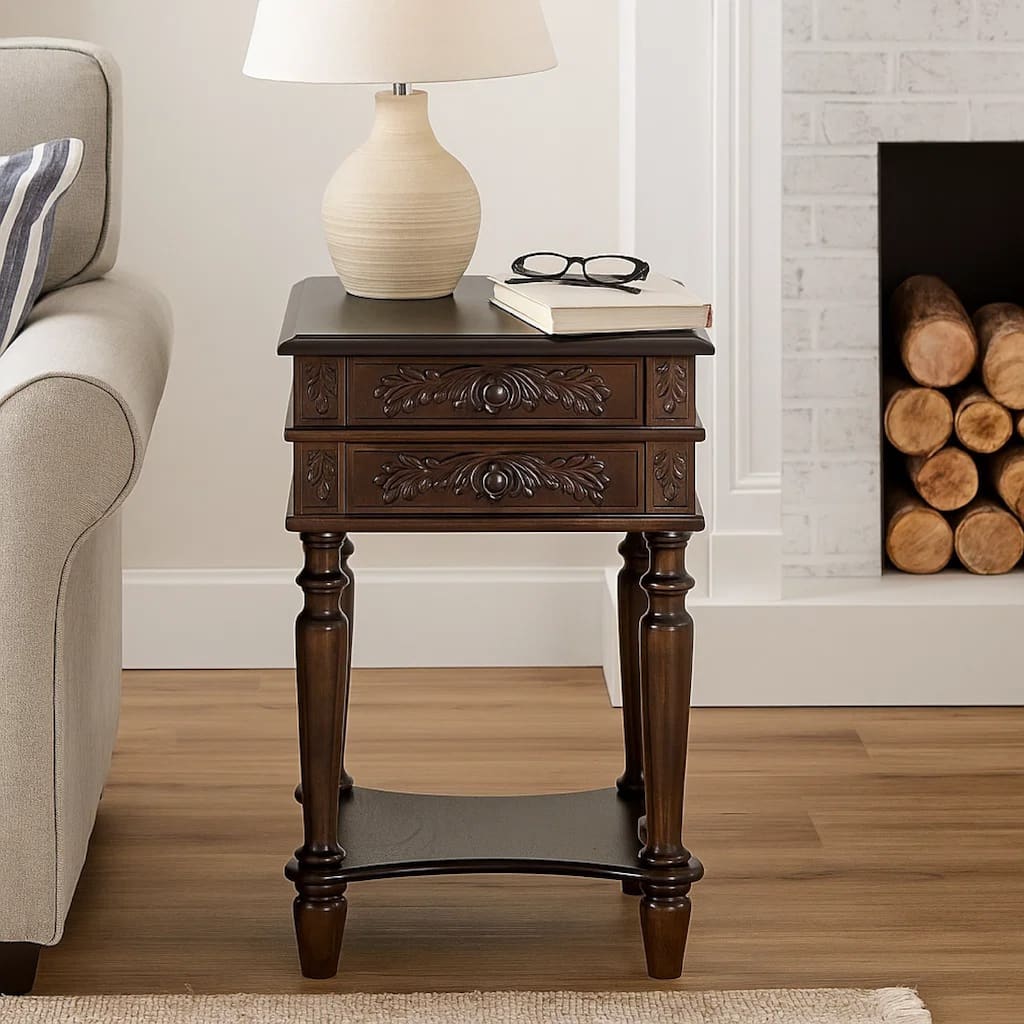 2 Drawer End Table with Intricate Carvings and Open Bottom Shelf, Brown
