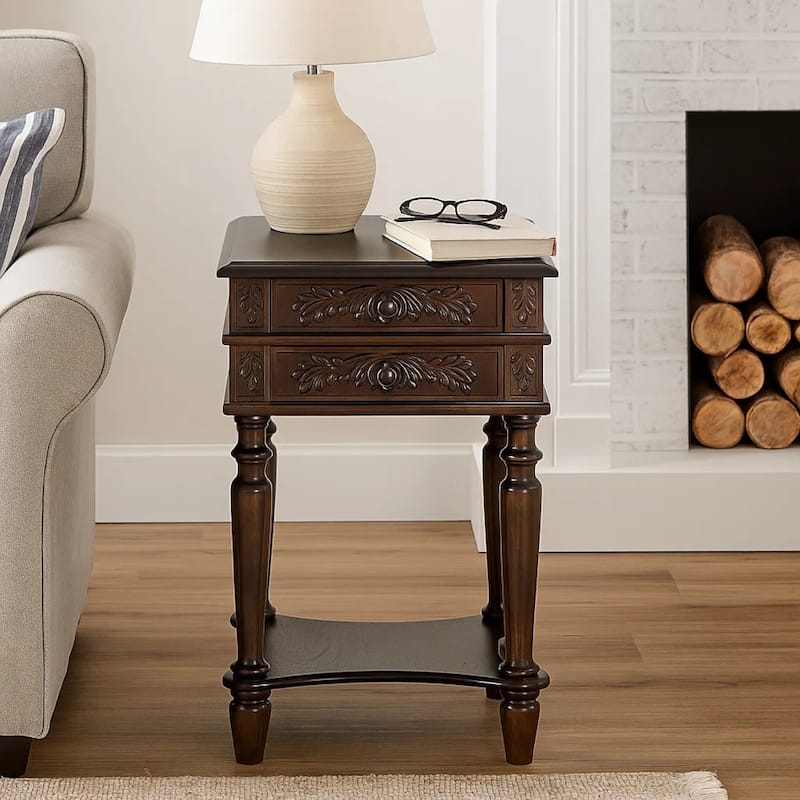 2 Drawer End Table with Intricate Carvings and Open Bottom Shelf, Brown