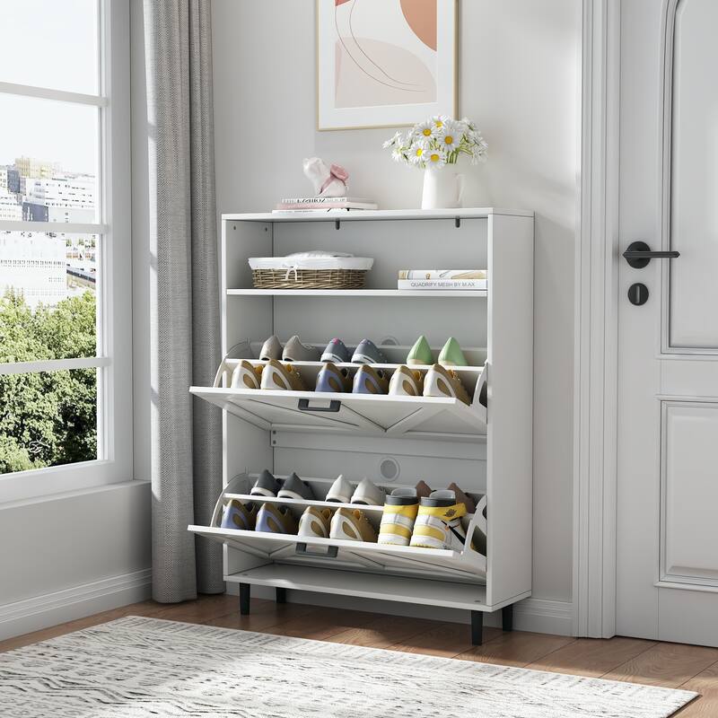 Farmhouse Shoe Storage Cabinet with Barn Door Design, Shoe Organizer with 2 Flip Drawers