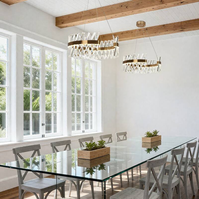 Modern LED Crystal Gold Drum Chandelier for Dining Living Room Bedroom - D23.2" x H9.4"