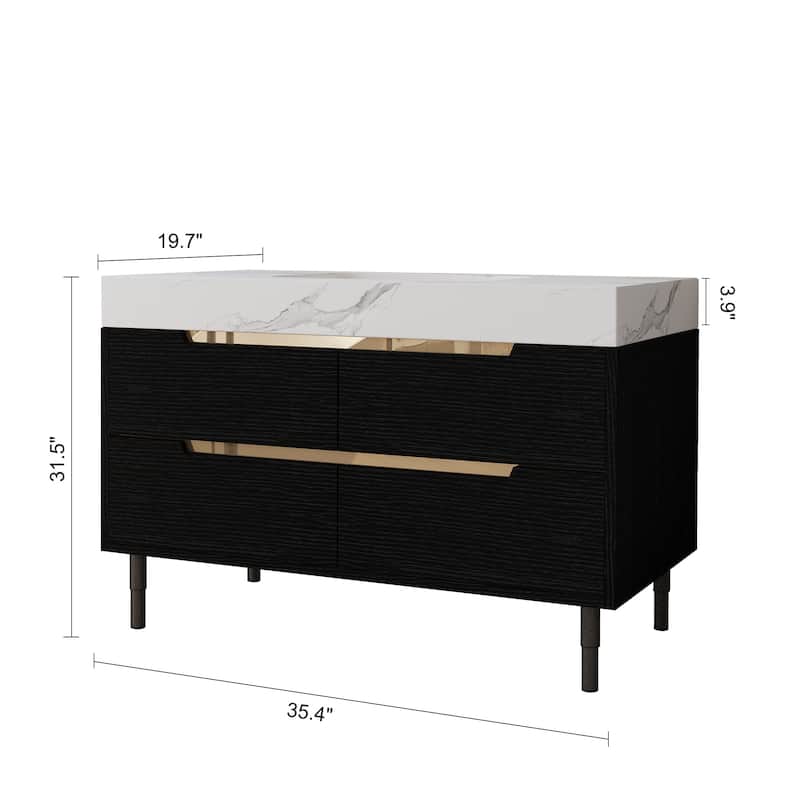 35.4" Modern Bathroom Vanity with Sintered Stone Top, Undermount Sink, 4 Drawers, Freestanding or Wall-Mounted