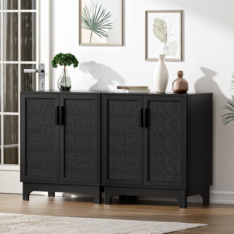 Anmytek Modern 2-Door Black Buffets Sideboards Rattan Kitchen Storage Cabinet with Adjustable Shelf - 31.5" W x 15.7" D x 35" H