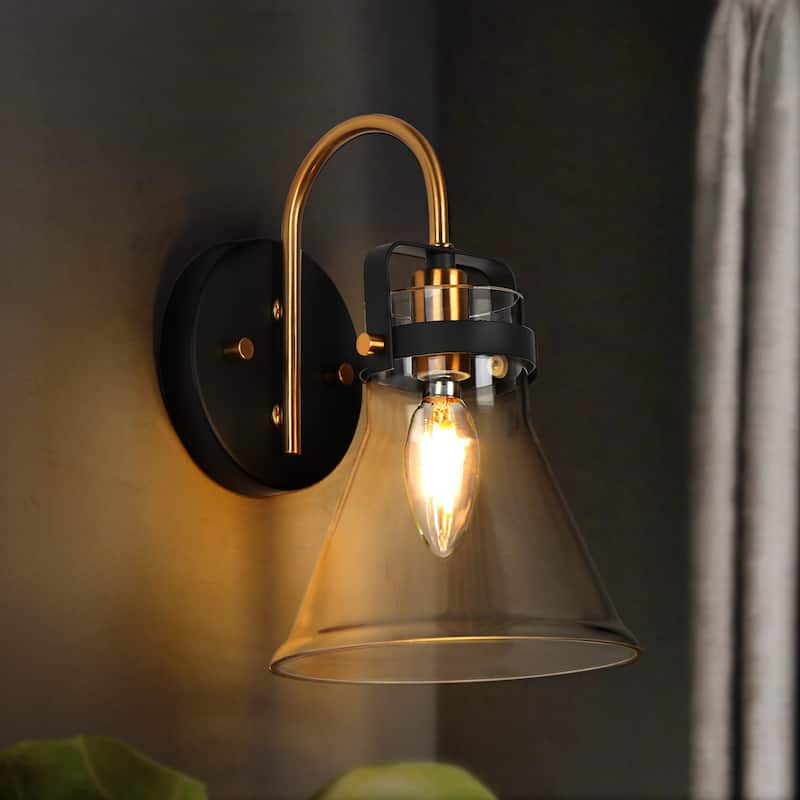 Mutch Rustic Farmhouse 1-light Wall Sconce Glass LED Dimmable Bathroom Vanity Light Kitchen Sink - Black&Gold