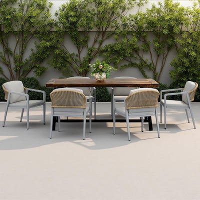 7-Piece Outdoor Dining Set with Acacia Wood Tabletop and 6 Cushioned Chair