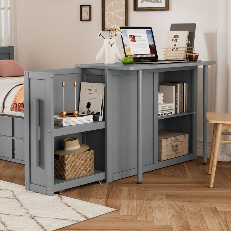 Twin Size Wood Platform Bed with Desk, Storage Shelf, Trundle, and 3 Drawers, Gray