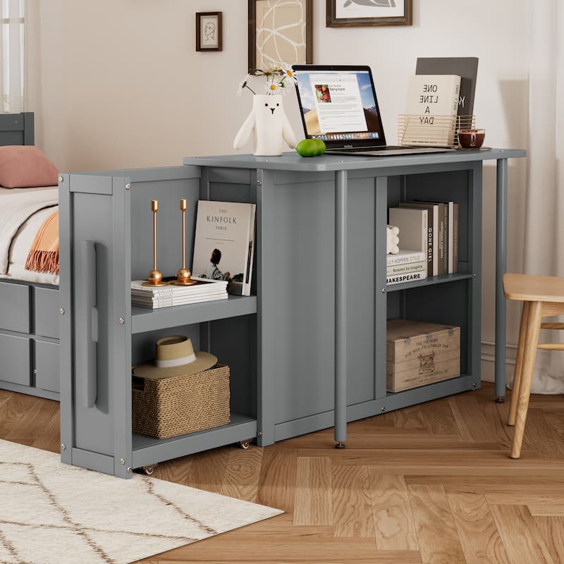 Wood Platform Bed with Desk and Storage Shelf at The End of The Bed, Daybed Frame with Built-in Trundle and 3 Drawers