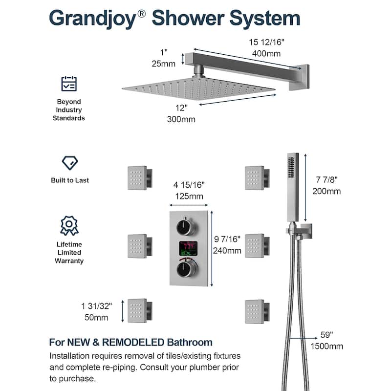 GRANDJOY 12 Inch Wall Mounted Digital Temperature Display Shower System Rainfall Shower Head with 6 Body Jets