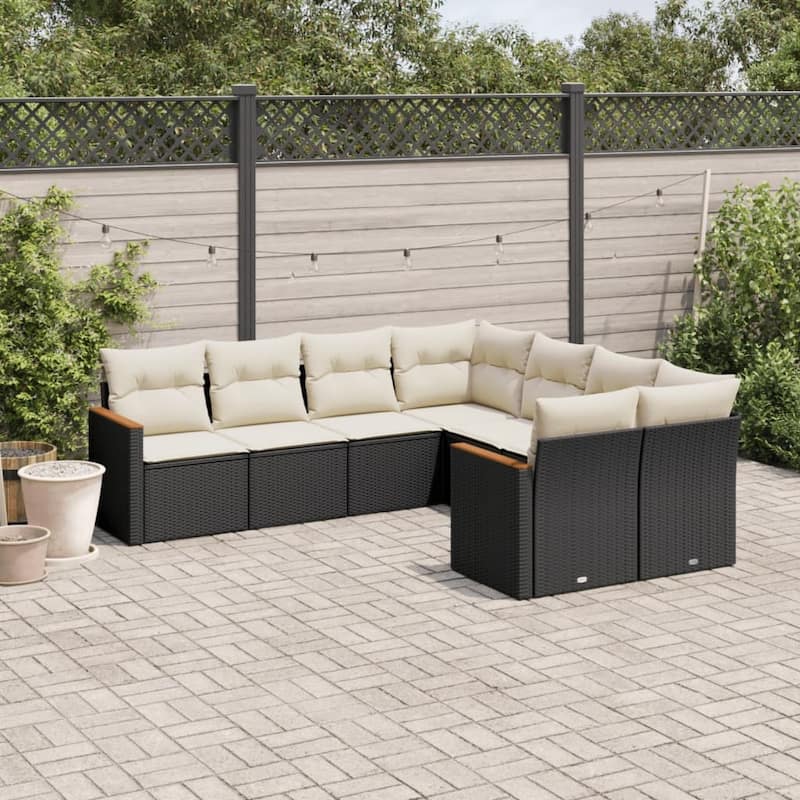 vidaXL Patio Sofa Set with Cushions Outdoor Furniture 8 Piece Poly Rattan - 24.4 x 24.4 x 27.2 in - Black and cream