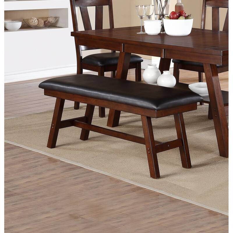 Modern Dining Bench Upholstered Faux Leather Cushion Seat with Solid Wood Legs Kitchen Bench