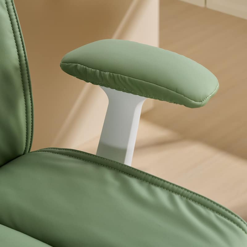 Green Leather Office Chair with Crossed Legs and Flip-Up Armrests