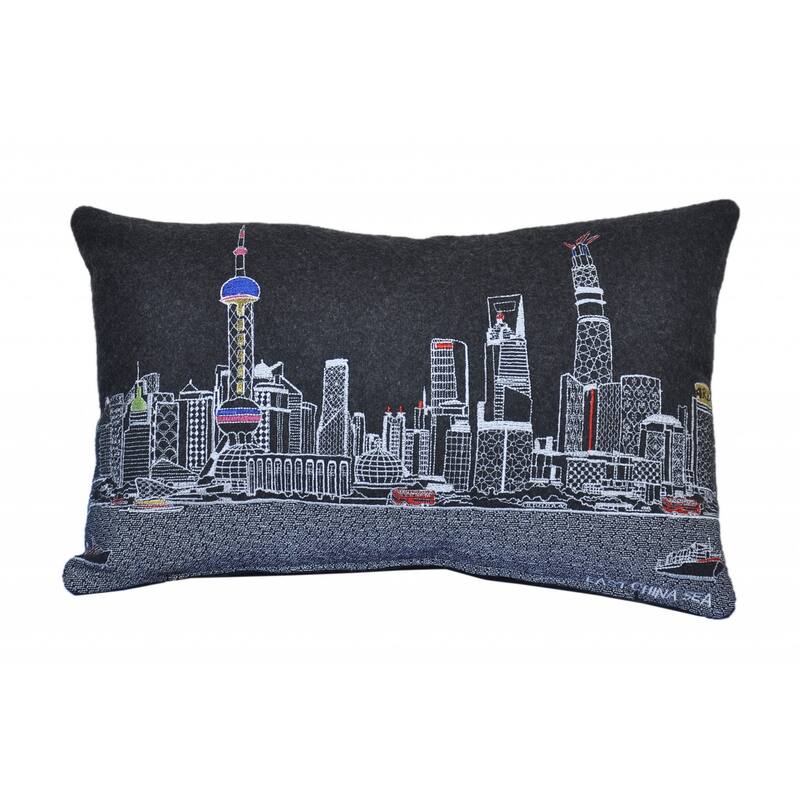HomeRoots 25" Black Shanghai Nighttime Skyline Lumbar Decorative Pillow