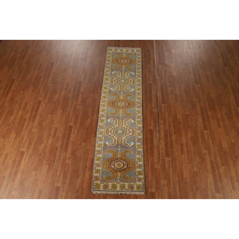 Gray Geometric Kazak Oriental Runner Rug Handmade Wool Carpet - 2'6" x 9'10"