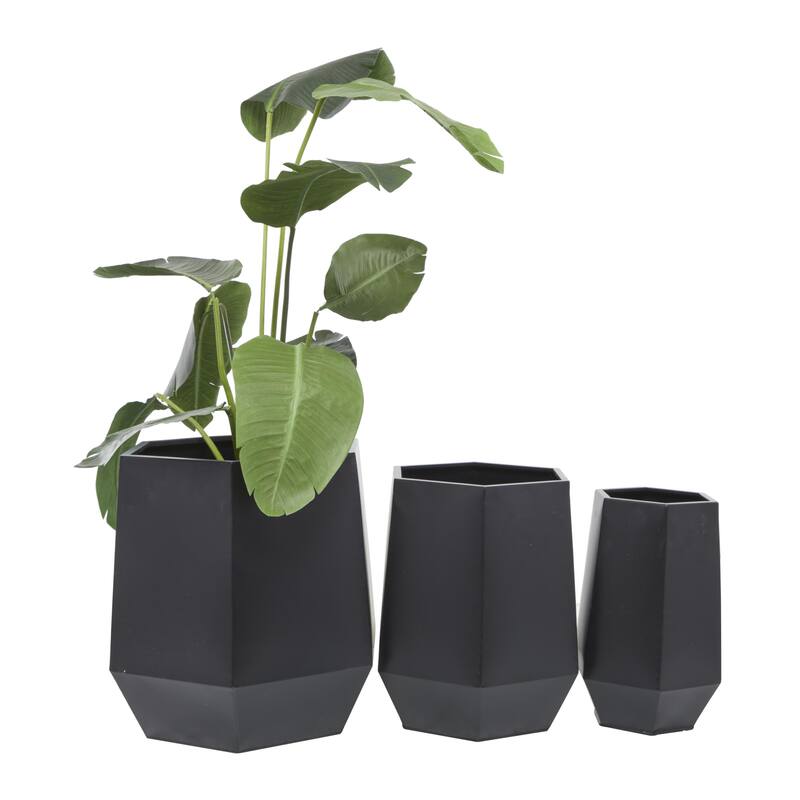 Metal Geometric Hexagon Indoor Outdoor Planter - Set of 3 White, Black, Gray - CosmoLiving by Cosmopolitan - Black - 18", 14", 9"W