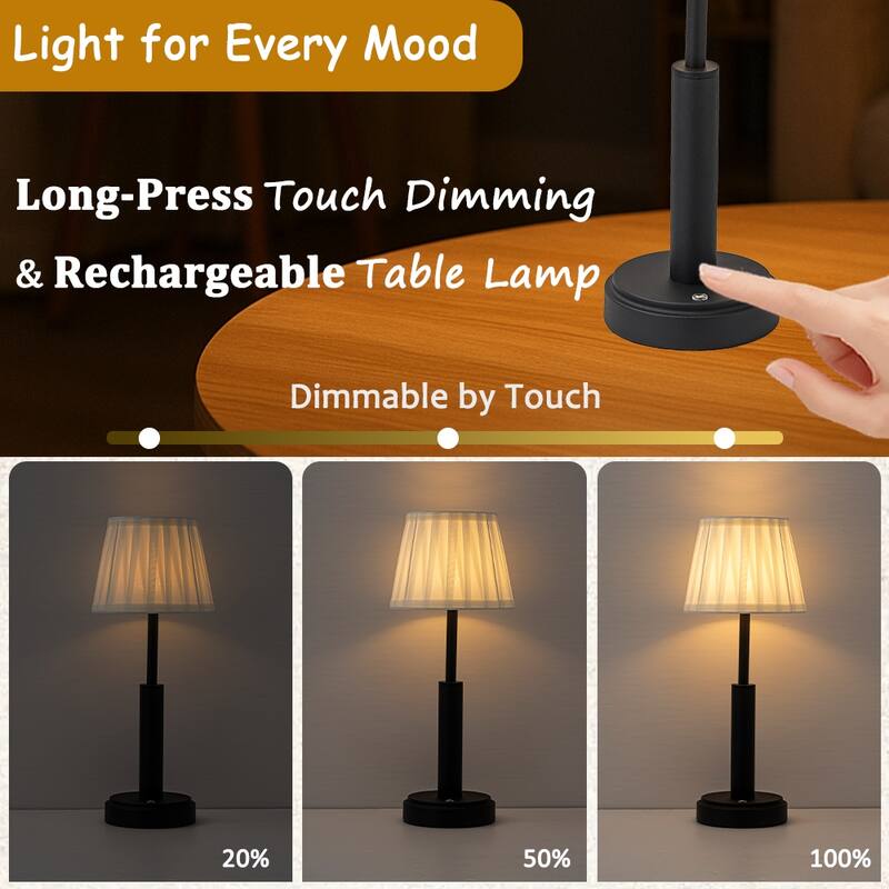Modern Rechargeable LED Table Lamp with Fabric Shade Classic Touch Control USB Cordless Nightstand Light for Bedroom (2 Pack)