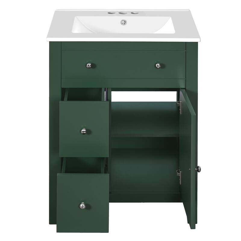 24" Bathroom Vanity with Ceramic Basin, Restroom Basin Cabinet with 2 Drawers, Small Bathroom Cabinet with Soft-Closing Door