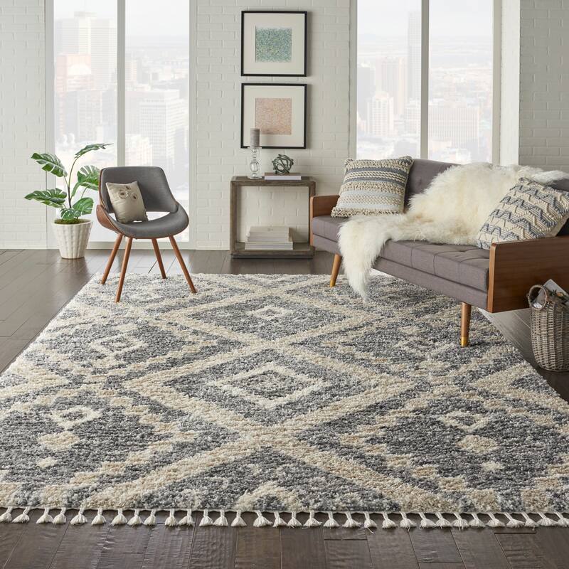 Nourison Scandinavian Shag Contemporary Tribal Area Rug - 7' 10" x 10' 6" - Grey/Ivory