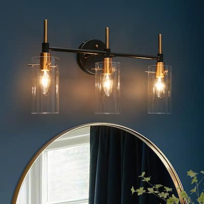 Alva Black Gold Modern Vanity Lights 3-Light Cylinder Clear Glass Shades Bathroom Light Fixture Wall Sconce