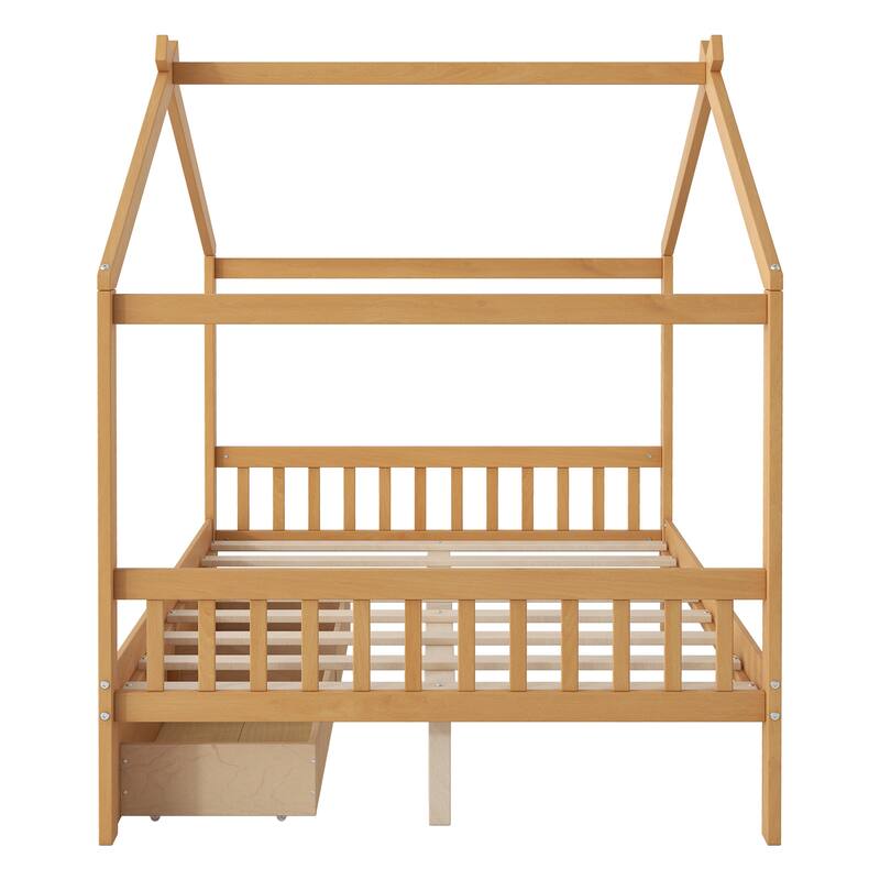 Full Size House Platform Bed With Two Drawers,Headboard And Footboard,Roof Design