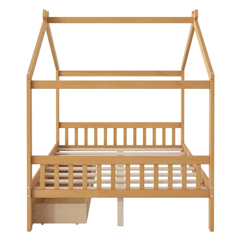 House-Shaped Full Size Platform Bed with Storage Drawers, Headboard & Roof Design