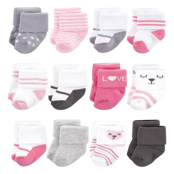 slide 1 of 1, Hudson Baby Infant Girl Cotton Rich Newborn and Terry Socks, Bear Girl 12Pk Bear Girl 12-Pack - 0-6 Months