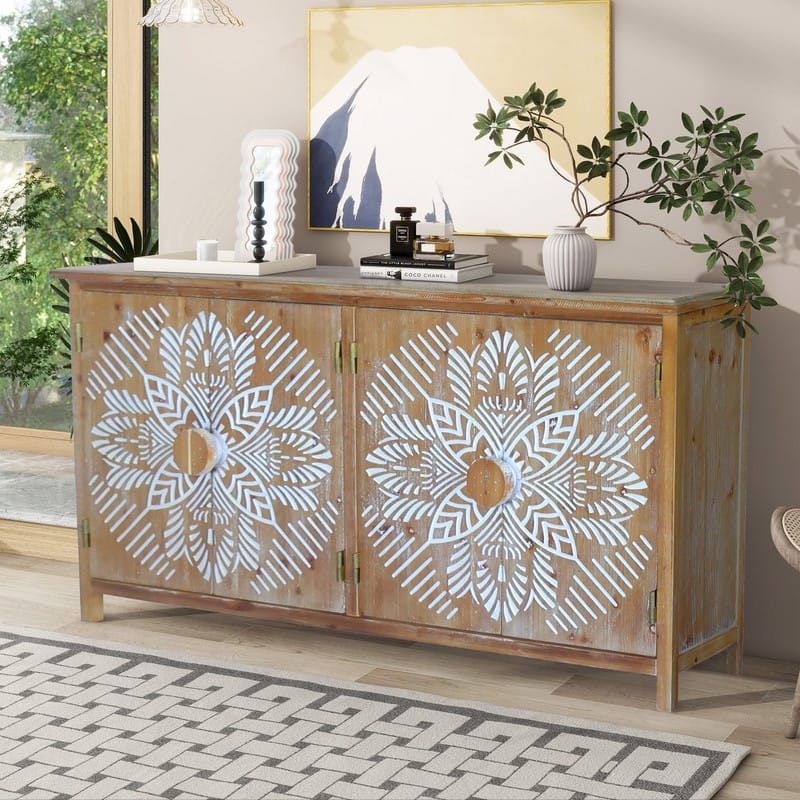 60" Wood Accent Cabinet with 4 Doors,Modern Buffet and Media Storage for Home or Office