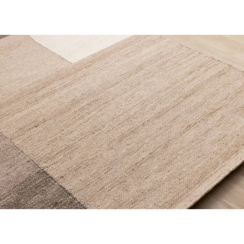 Taupe Beige White Stacked Squares Handmade Wool Rug