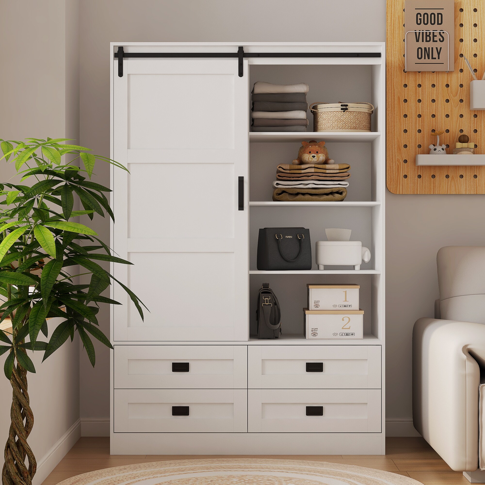 Sliding Barn Door Wardrobe Open Shelves Clothing Storage Cabinet with Drawer Freestanding Armoire Entrance Wall Cabinet White
