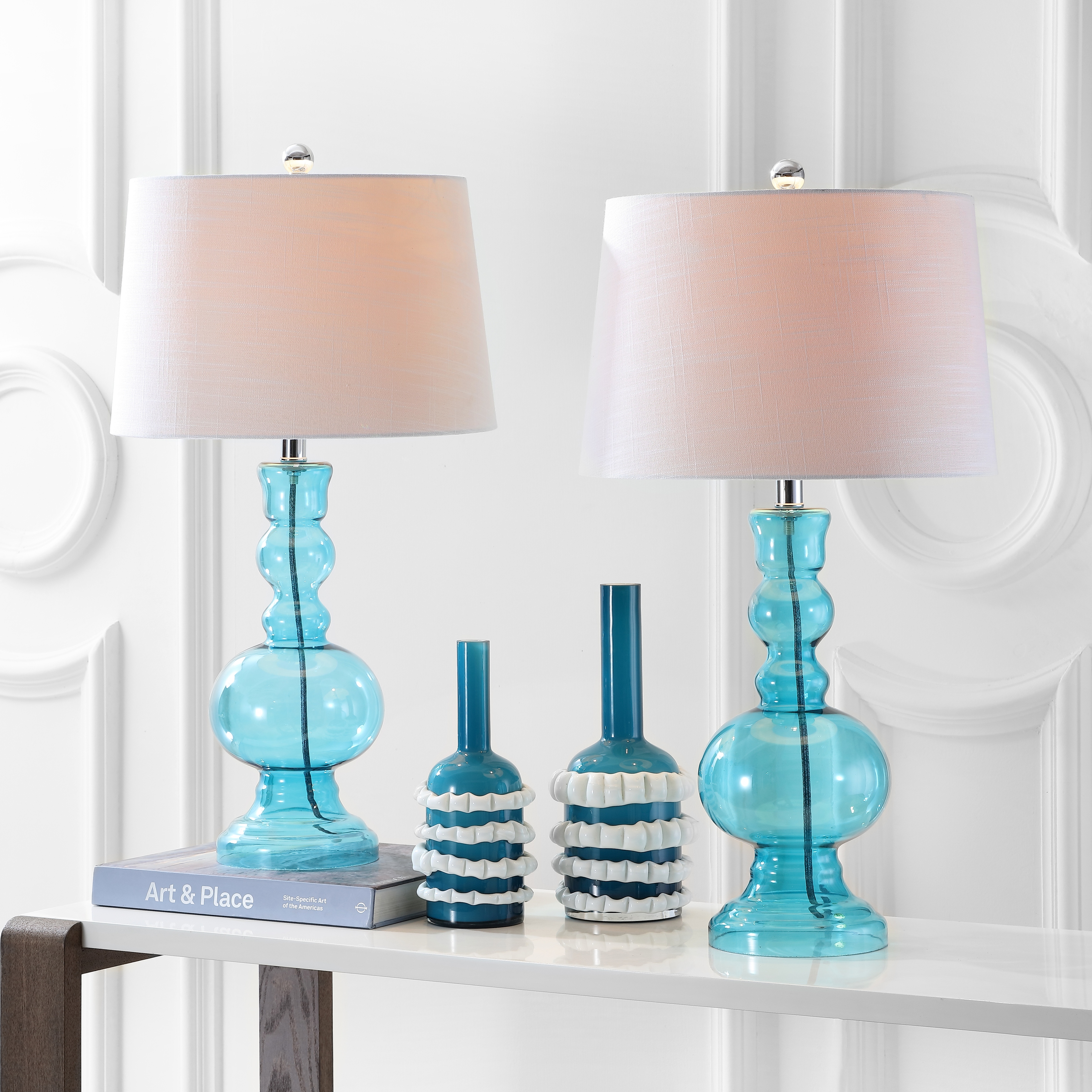 Stewart 28.5 Glass LED Table Lamp Aqua Set of 2 by JONATHAN Y
