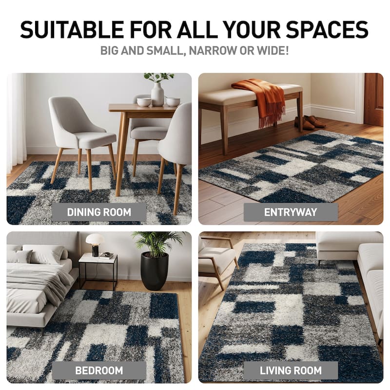 World Rug Gallery Distressed Modern Boxes Plush Shag Area Rug