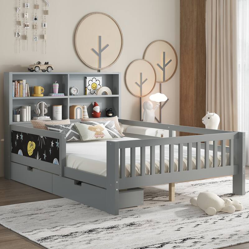 Childlike Fun Solid Wood Low-profile Platform Bed Storage Bed Frame with Side Chalkboard, Open Shelves, Drawers and Guardrails
