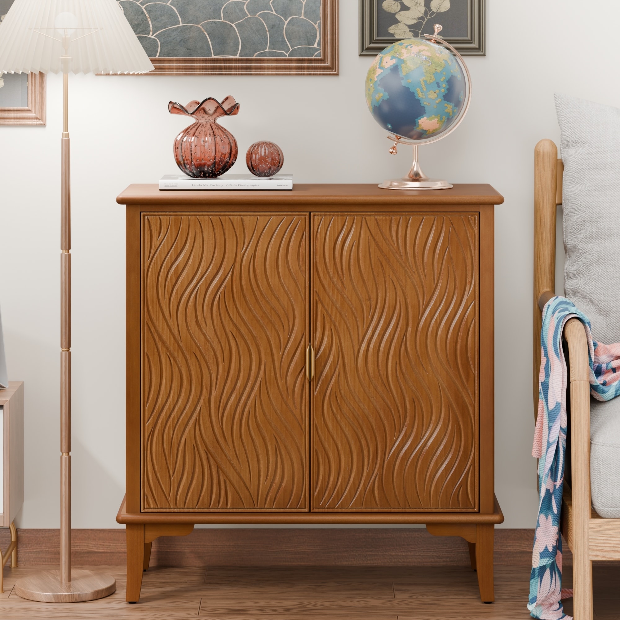 COZAYH Farmhouse Dresser, Accent Wooden Storage Cabinet with Sculpted Wave Drawer Fronts