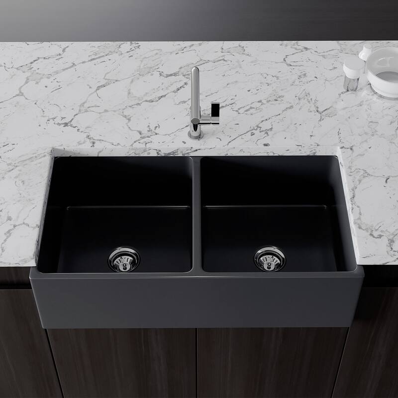 Crestwood 36" Modern Double Bowl Apron Fireclay Sink - Charcoal