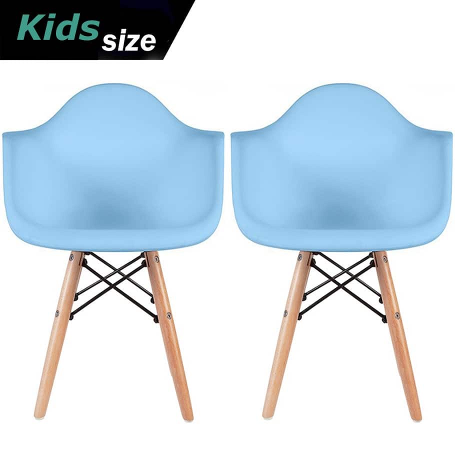 Set of 2 Modern Kids Toddler Size Molded Plastic Armchair With Arma Seat for Children's Room Natural Wood Eiffel Legs