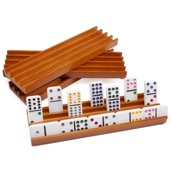 slide 2 of 6, GSE™ Set of 4 Wood Domino Racks, Wooden Domino Trays/Holders for Mexican Train and Other Dominoes Games