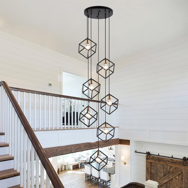 Geometric Pendant Chandelier for Stairway / Staircase, Adjustable Height 5 or 7 Light Cluster - 7 Light Cluster