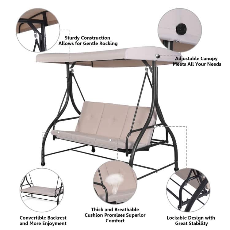 3 Seats Converting Outdoor Swing Canopy Hammock with Adjustable Tilt Canopy - 73" x 44" x 68" (L x W x H)