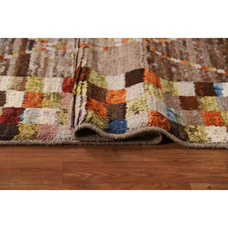 Hand Knotted Oriental 100% Wool Carpet Tribal Checkered Brown Moroccan Area Rug - 9' 10'' X 6' 10''