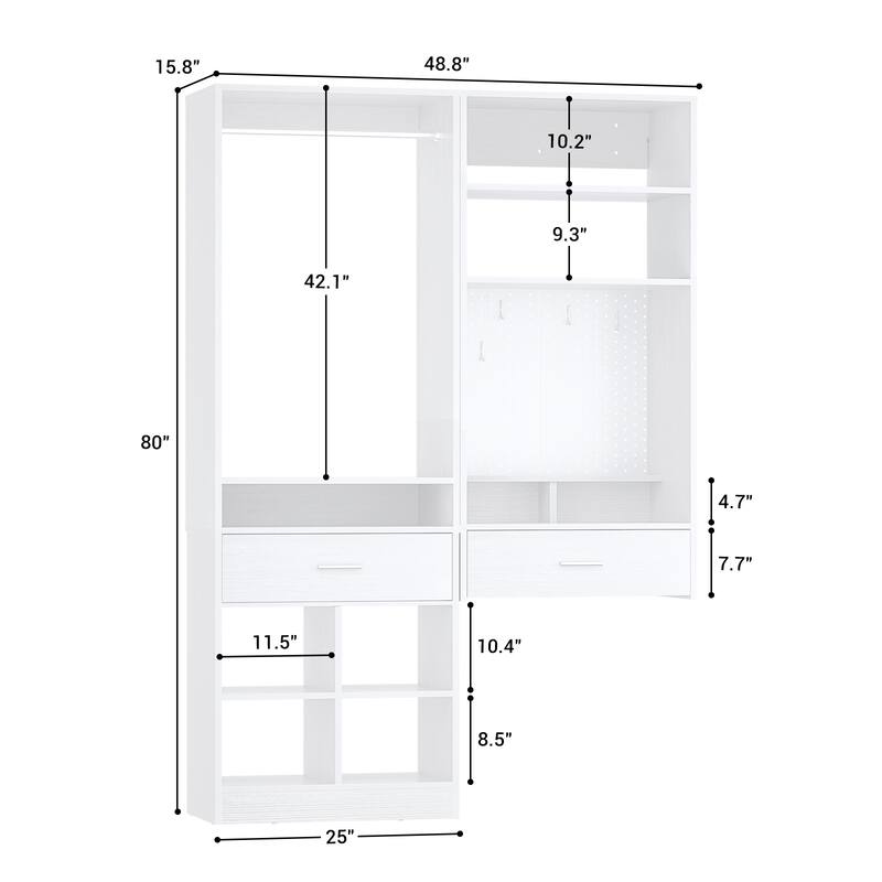 Set of 2 Closet System with Hanging Rod and 11 Open Shelves,Walk-in Closet Organizer with 2 Wooden Drawers and Magnetic Pegboard