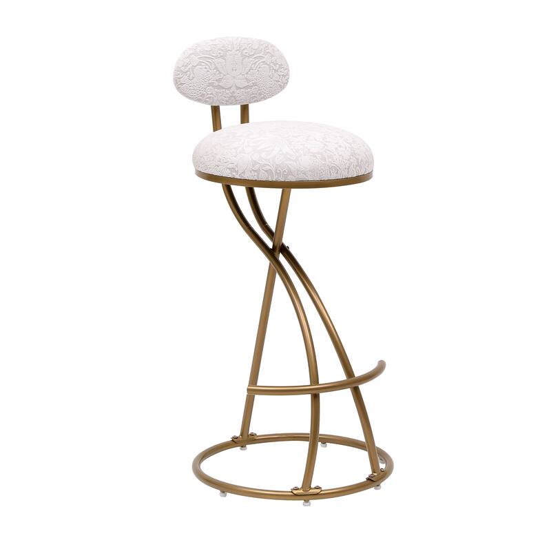 Set of 2 S-Shaped Gold Bar Stools, Floral Print Upholstered Backrest Counter Height Stools for Kitchen Island