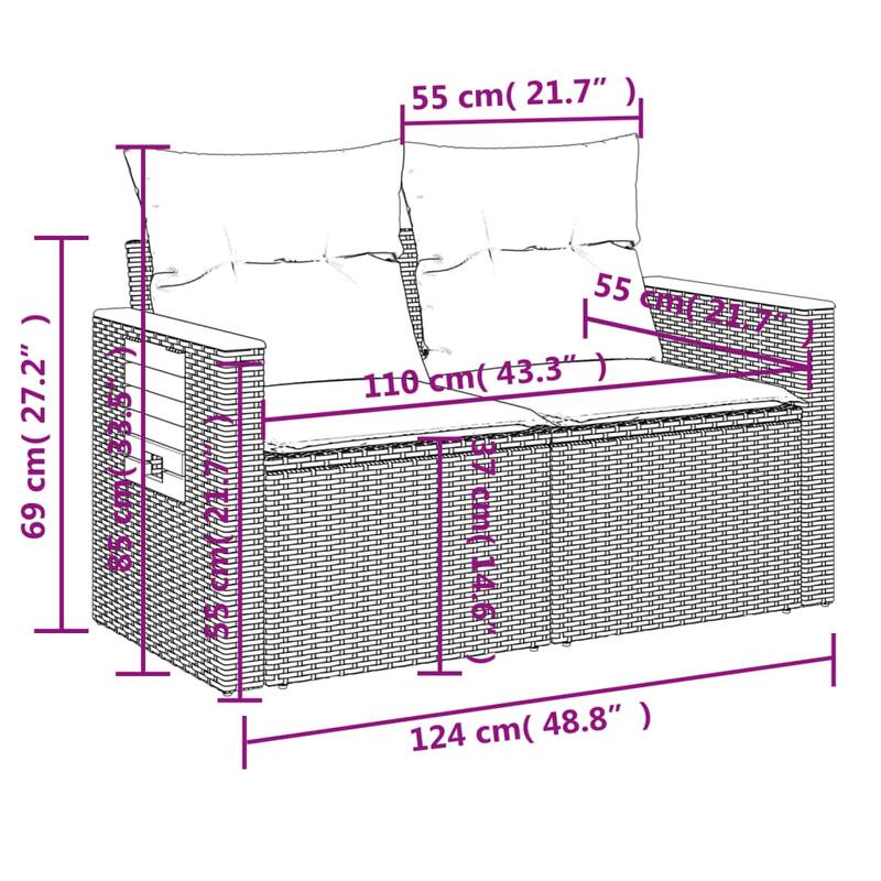 vidaXL Garden Sofa Set Grey PE rattan Large Adjustable Armrests - 24.4 x 33.5 x 27.2