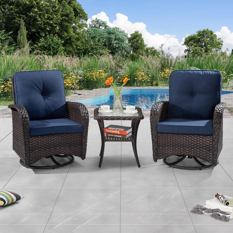 Cozywor 3-Piece Wicker Patio Swivel Outdoor Rocking Chair Conversation Set