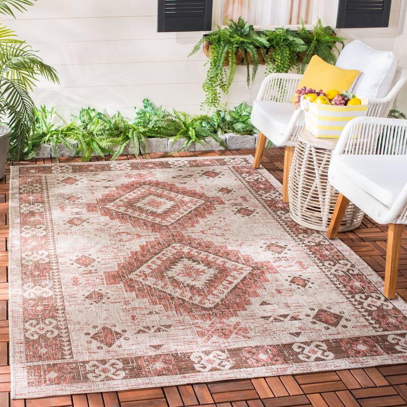 SAFAVIEH Courtyard Adrielle Outdoor Waterproof Patio Backyard Rug - 4' x 5'7" - Beige/Red