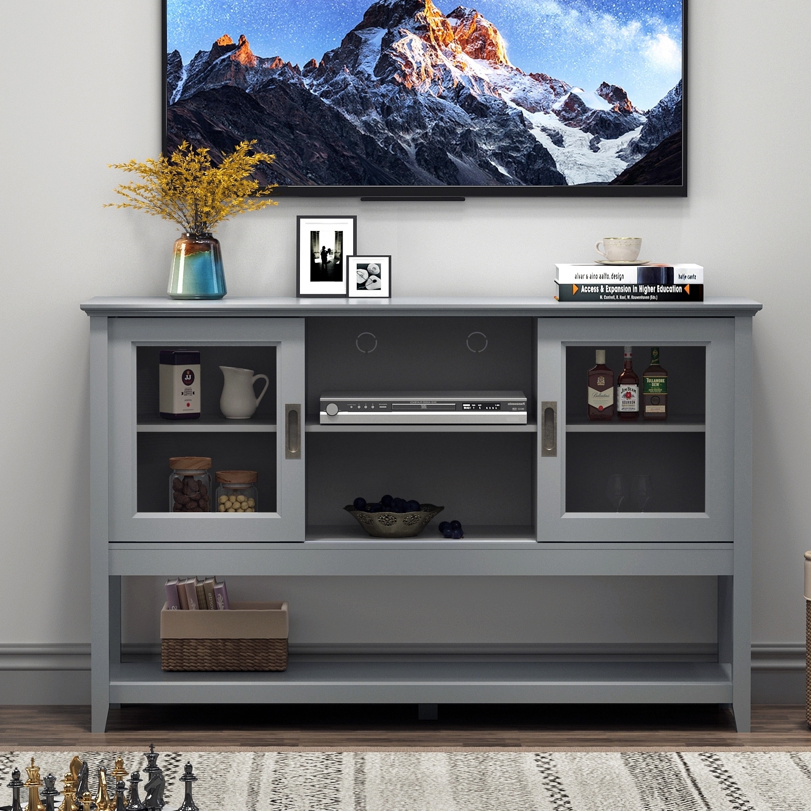 Anmytek Grey Sideboard Buffet with Tempered Glass Doors Living Room Storage Cabinet