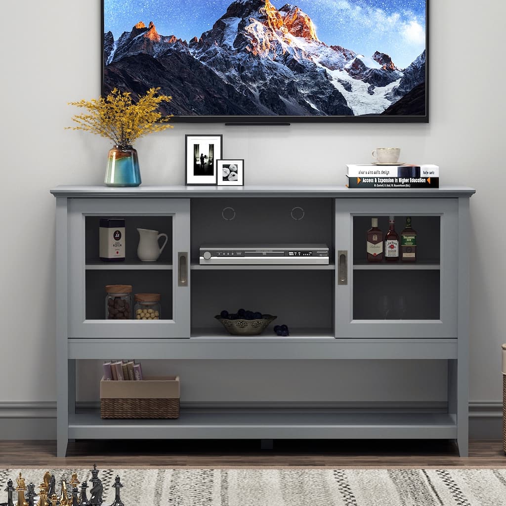 Anmytek Grey Sideboard Buffet with Tempered Glass Doors Living Room Storage Cabinet