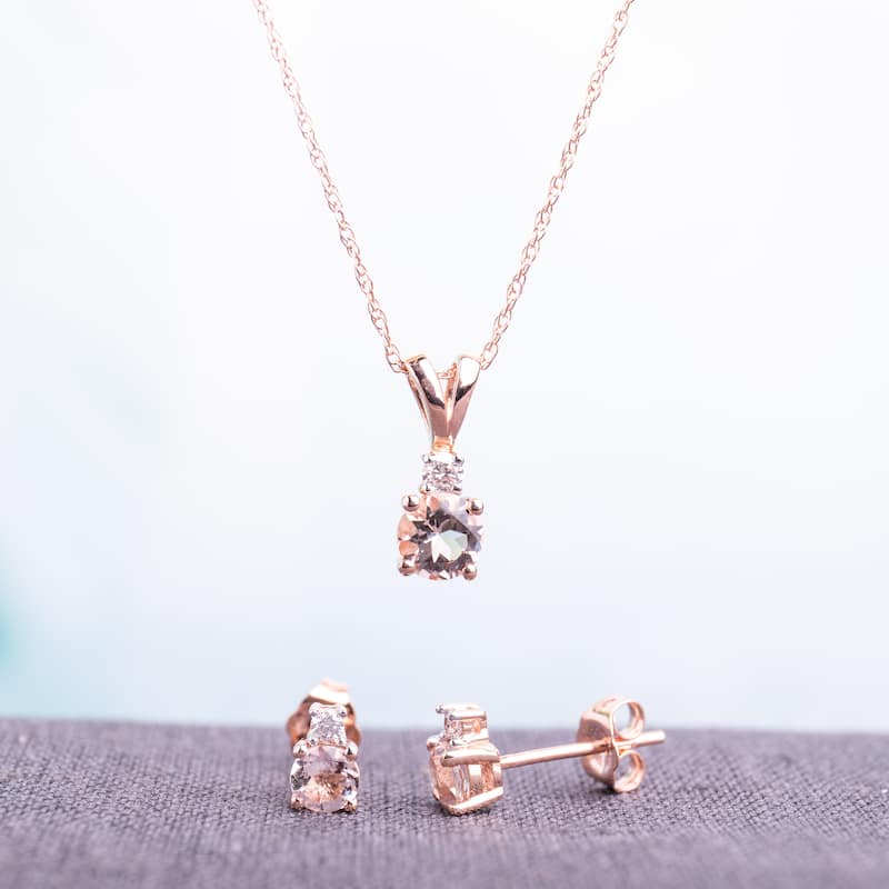 Miadora 10k Rose Gold Morganite and 1/10ct TDW Diamond Necklace and Earrings Set (G-H, I2-I3) - Pink