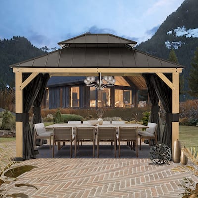 Cozywor 13 ft. x 11 ft. Wood Gazebo with Mosquito Netting Double Steel Roof Hardtop