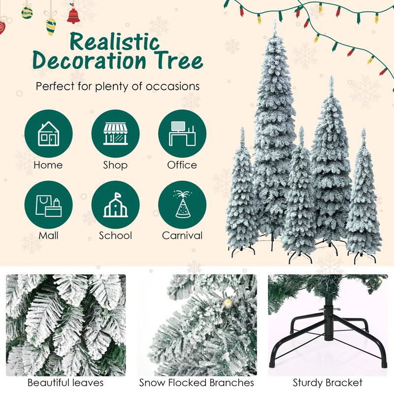 5-Piece Pre-Lit Pencil Christmas Tree Set, Snow Flocked Slim Xmas Trees with 350 LED Lights and 1820 Tips