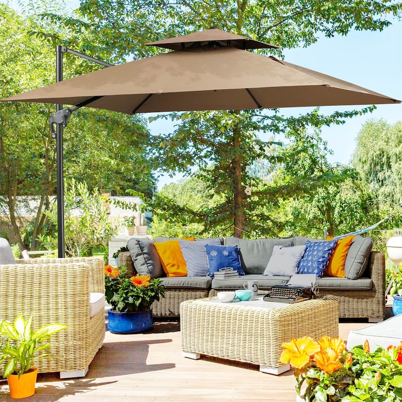 10ft Double Top Aluminum Cantilever Umbrella with 360° Rotation,8 Ribs,Crank, Cross Base